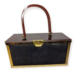 Vintage Etra Black Suede & Tortoise Lucite Lid & Handle Handbag w/Gold Trim